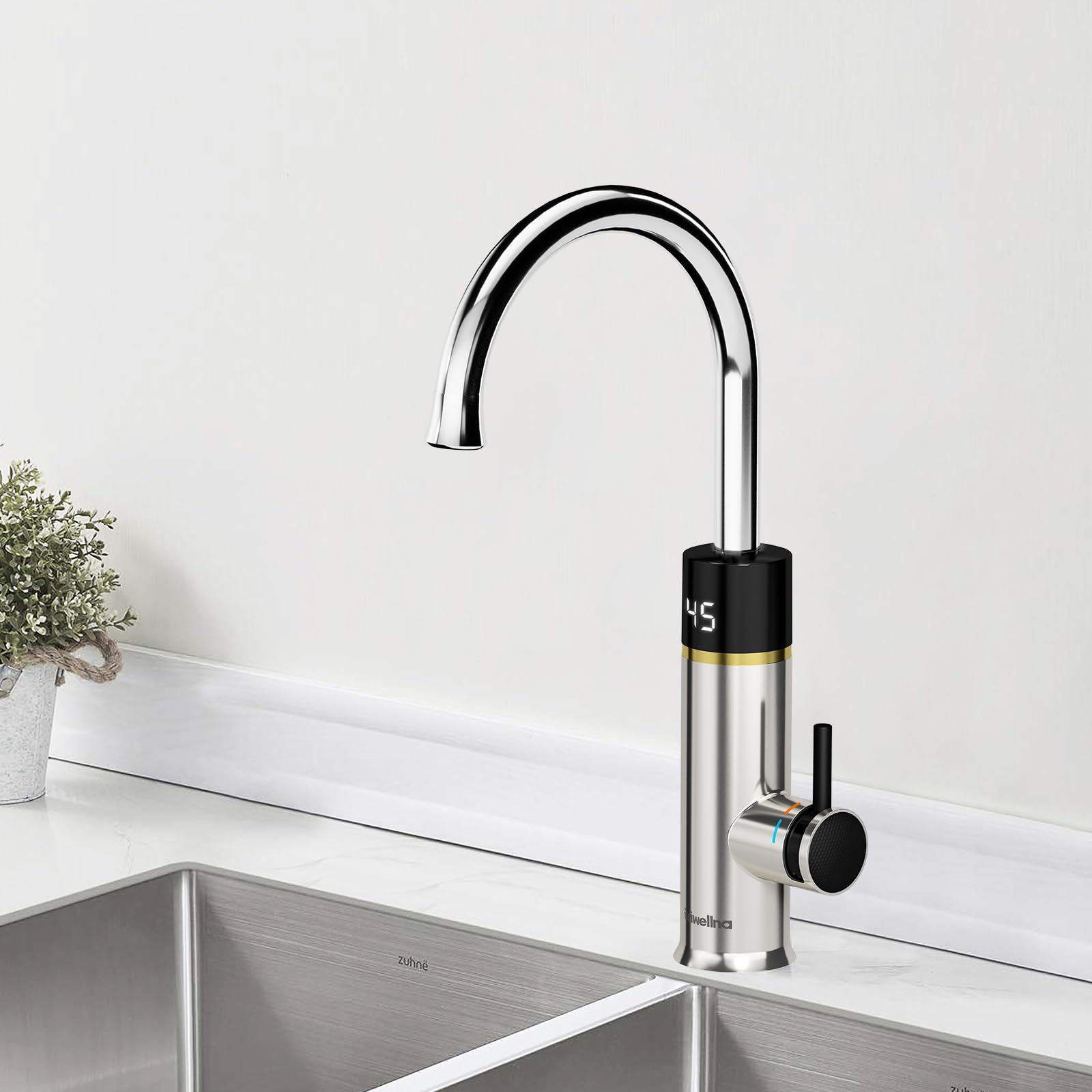 Briwellna Küche elektrische Wasserhahn, schnelle Heizung Wasserhahn, Edelstahl Warmwasser mit digitaler Anzeige, 360 Grad drehen Instant Warmwasser (Silber)