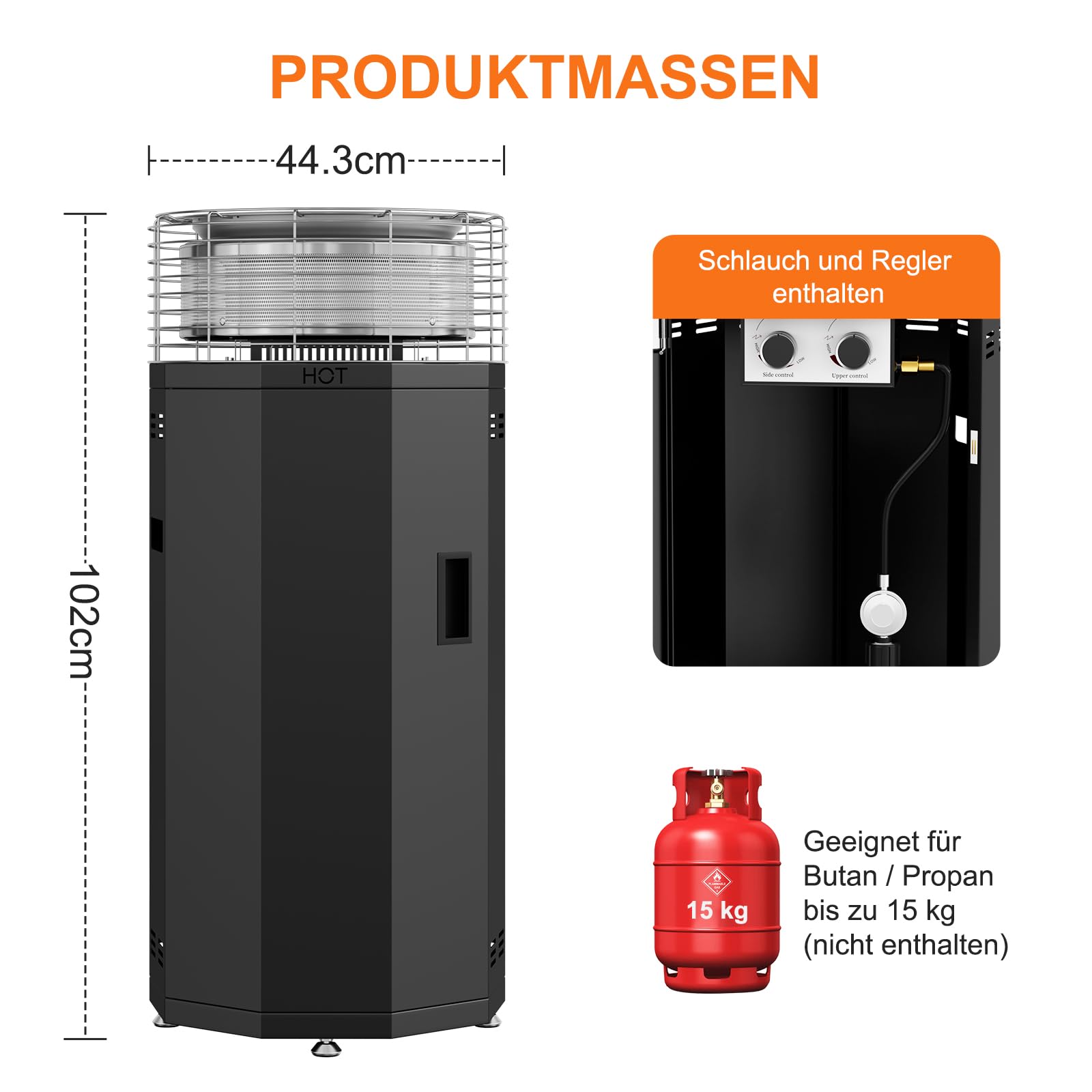 SUNYRISY Rauchfreie Outdoor Heizstrahler Gas Feuerschale Tragbarer Terrassenheizer, 16 kW Dual-Brenner 3-in-1 Außenheizung Propan Feuertonne Feuersstelle für Garten, Camping, Druck-Zündung