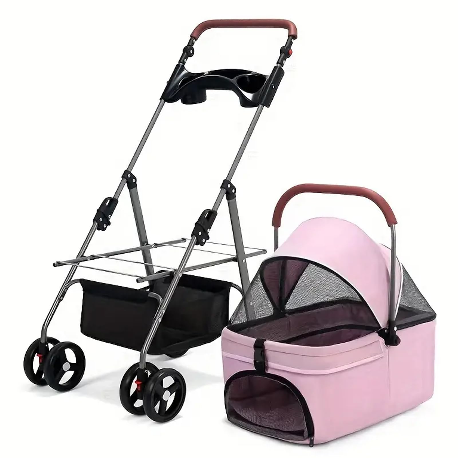 Cochecito Multifunción 3 En 1 para Mascotas, Cochecito para Perros Y Gatos, Cochecito para Perros con Asa Ajustable Y Altura con Portavasos Desmontable, Portavasos Y Cesta De Almacenamiento,Rosado