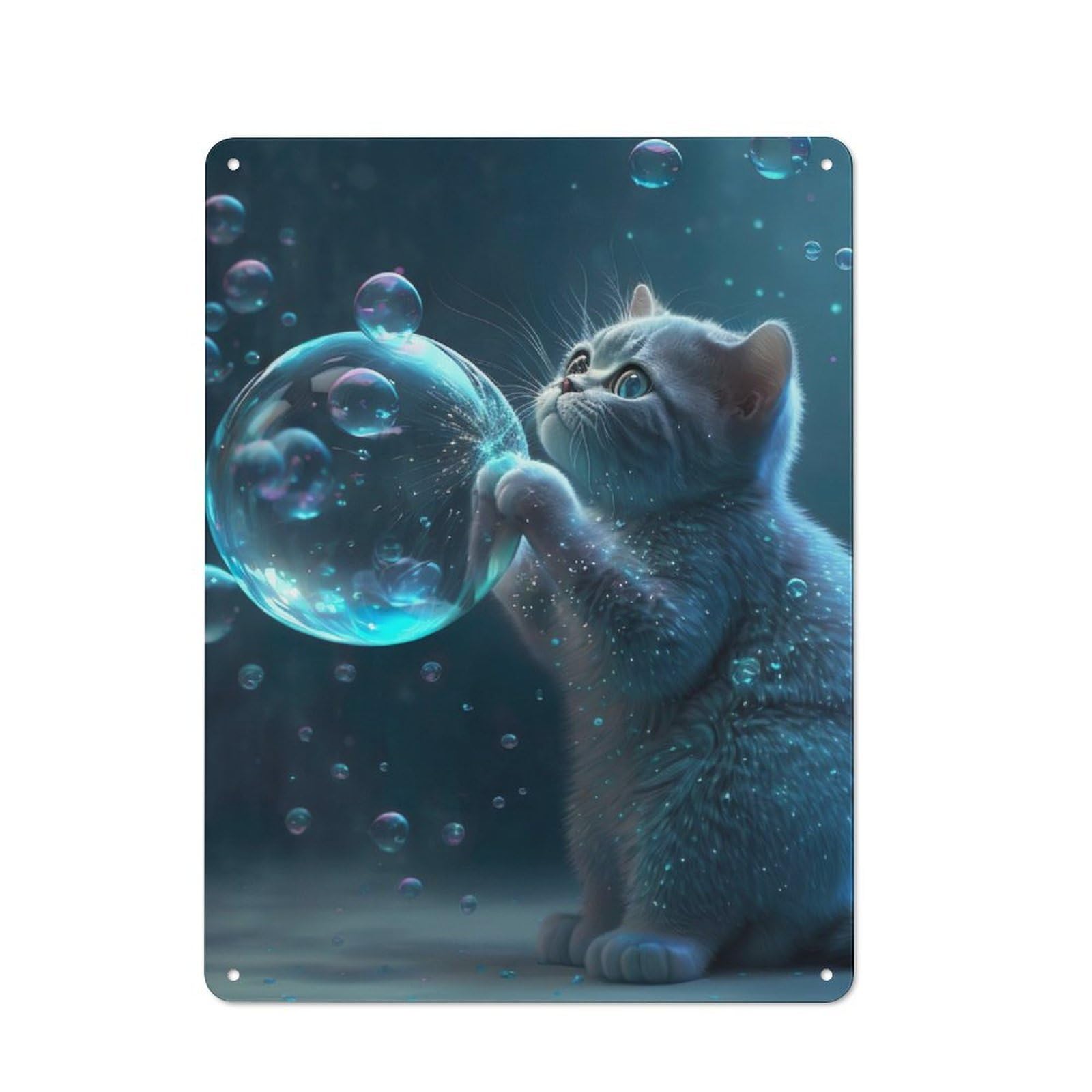 Junmoney Blue Cat With Bubbles Cottage Style Metal Wall Decor 40X30cm, Farmhouse Metal Sign For Kitchen, Cottage, Porch Or Garden Room