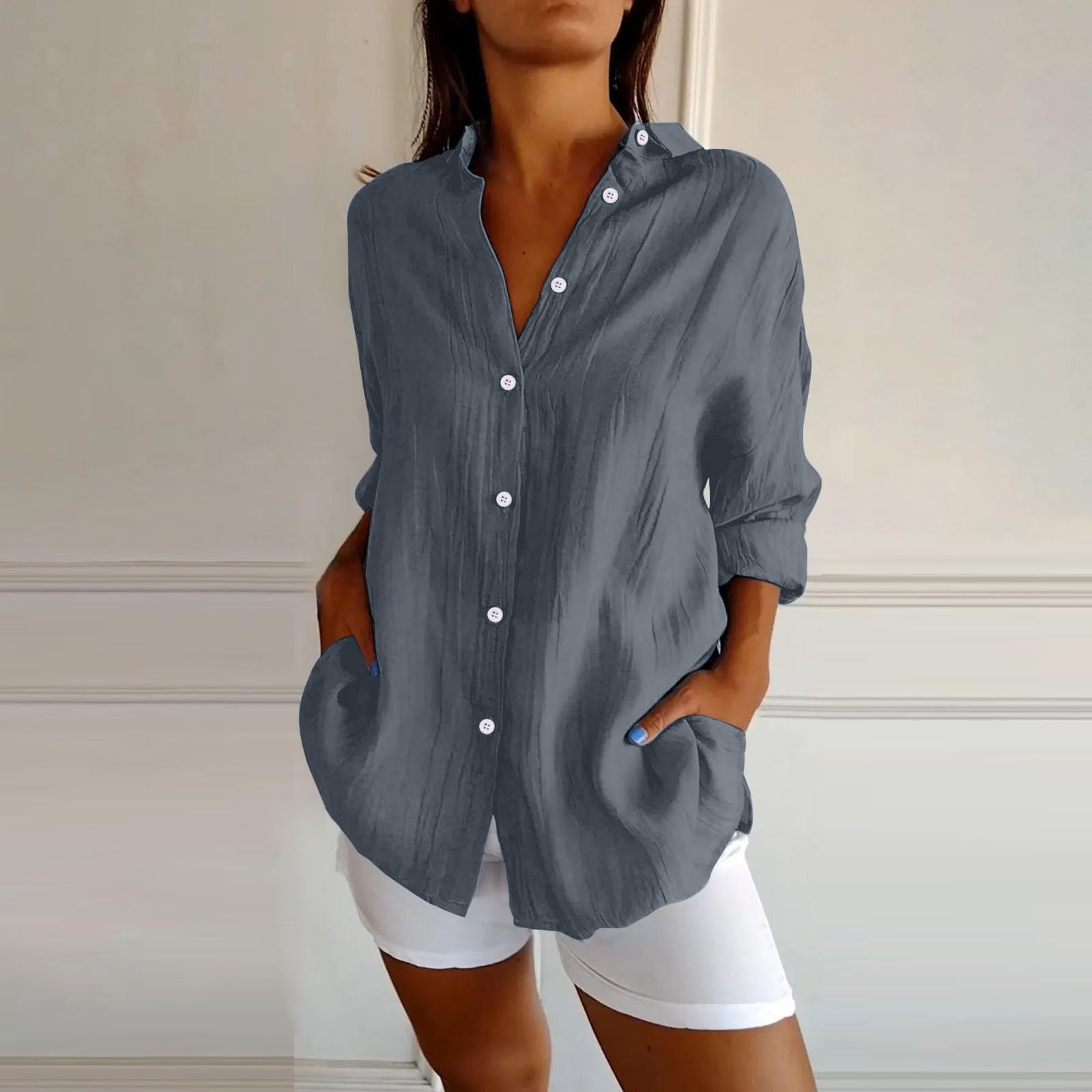 Camisas de lino de manga larga con botones para mujer, con solapa, para verano, clásica, cuello de lino, algodón, ajuste holgado, trajes de gasa para mujer, ropa de playa, novio