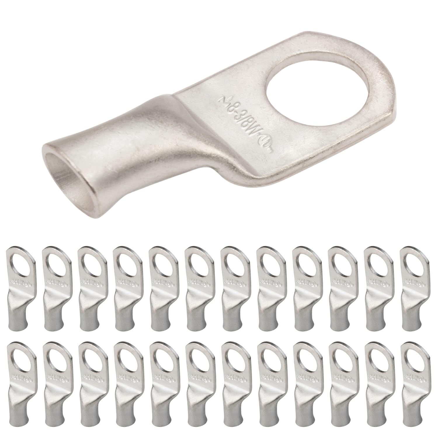 SELTERM 8 AWG (10 mm²) - 3/8" (M10) ⌀ Hole UL Marine Grade Wire Lugs, Battery Cable Ends, Tinned Copper Eyelets, Tubular Ring Terminal Connectors [B10] - 25 Pack — image 1