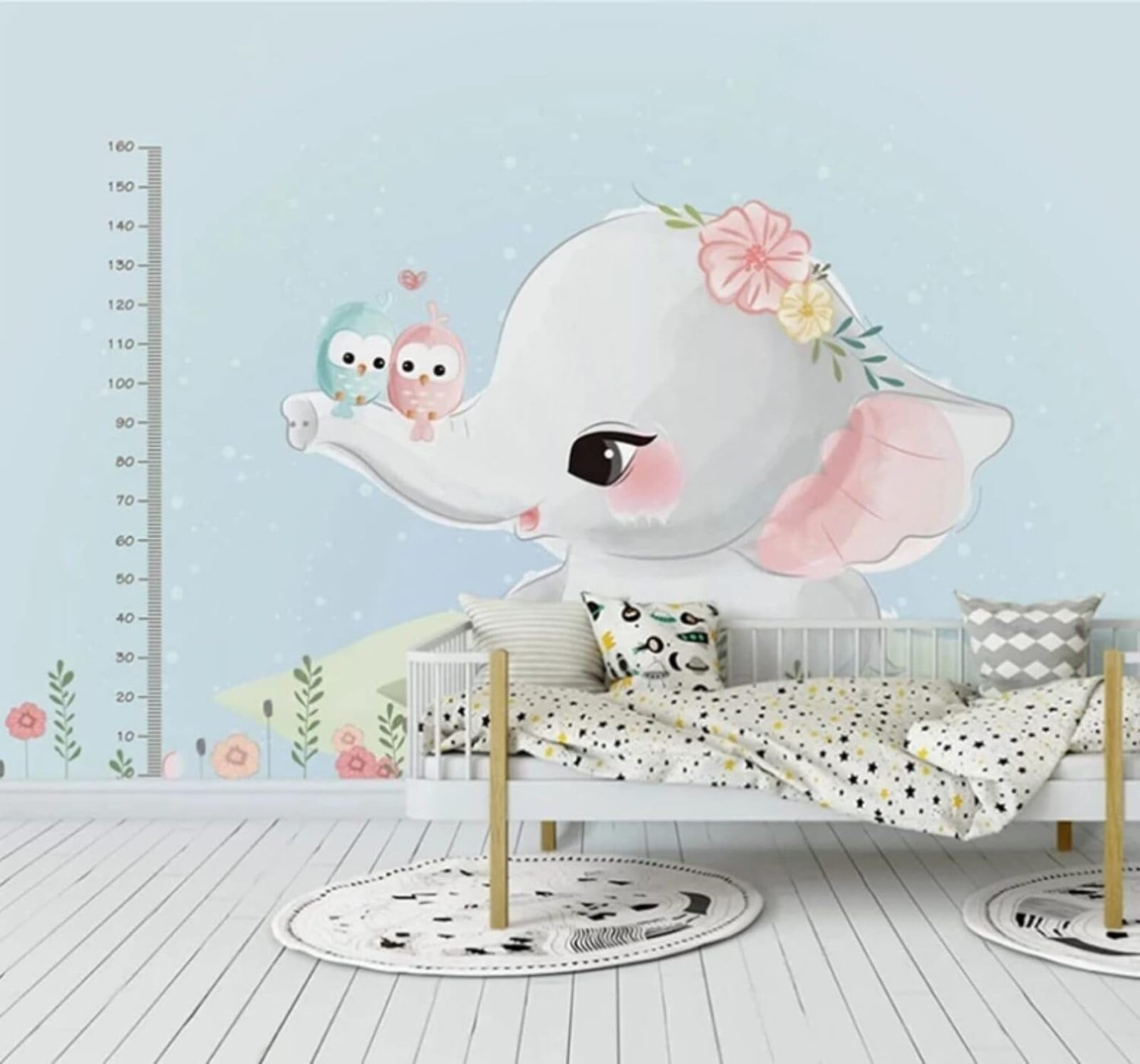 Xlming 250Cm×170Cm(B×H) Cute Cartoon Elephant Hand Drawn Birds 3D Wallpaper Luxury Silk Study Dining Feature Sofa Grey Bedroom Living Room Tv Decorative Wall-250Cm×170Cm