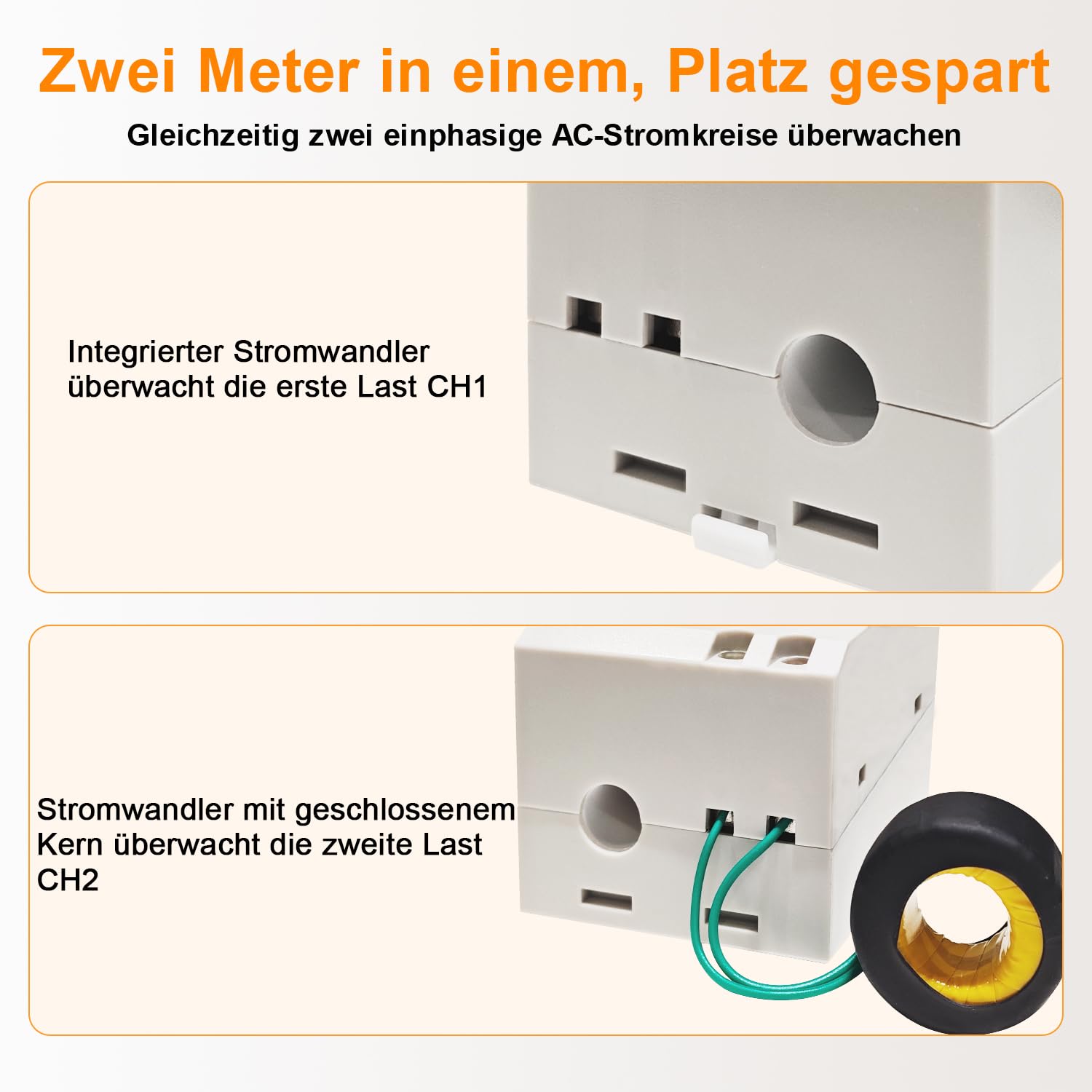 KETOTEK Stromzähler Hutschiene, Wechselstromzähler, 2 Kanäle auf 1 Phasig, Energiezähler DIN-Schiene AC40-300V 100A, Amperemeter Voltmeter mit CT