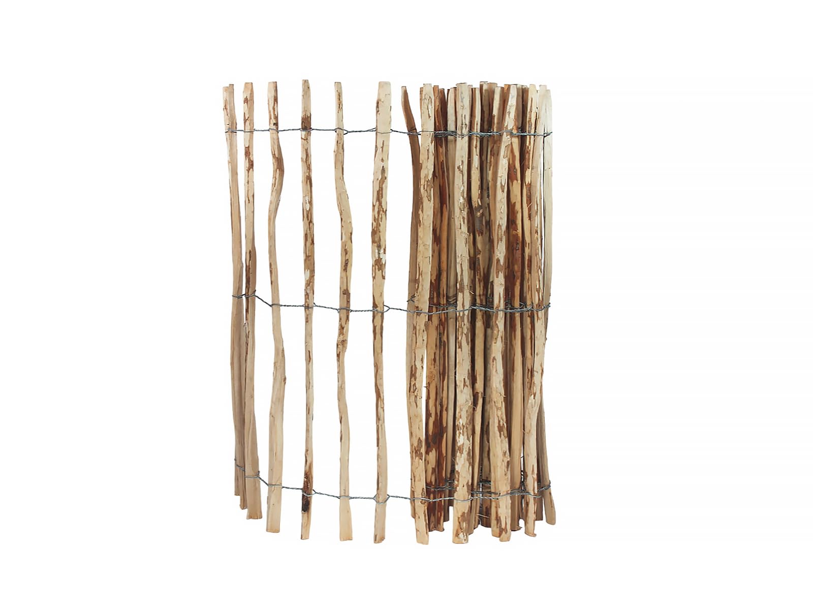 Staketenzaun – Gartenzaun 150 cm Hoch – Einfriedung von Grundstücken, Weiden, Teichen – Stabilisierung von Kletterpflanzen – Zaun aus Haselnussholz mit Stahldraht – Farbe natur, Länge 500 cm, 3-4 cm