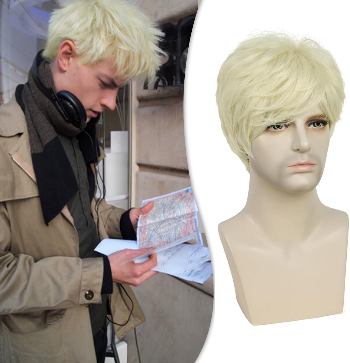 ChicAbode Mens Wig Short Hair, Wigs for Men 70s 80s, Synthetic Hair Wig, Adjustable Elastic Straps, Soft, Skin Friendly, for Various Occasions, Including Daily Wear, Halloween, Concerts, White Blonde