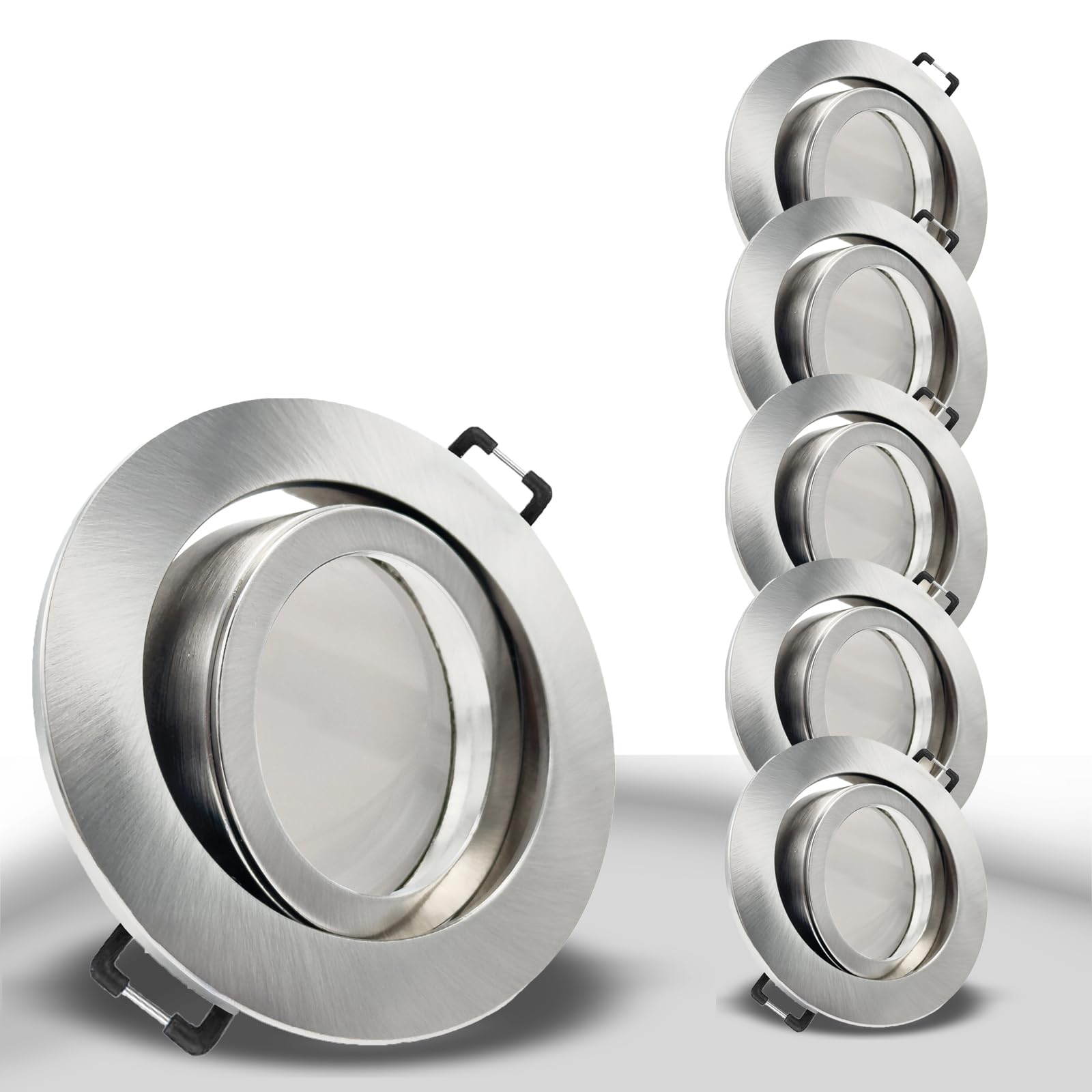trendlights24 Premio-C LED Einbaustrahler 230V 5er Set 4W Warmweiß GU10 | Deckenspots, Edelstahl Optik, rund, 300lm, 3000k, LED Spots, austauschbar, Decken Einbauleuchte, schwenkbar, 68 mm Lochmaß