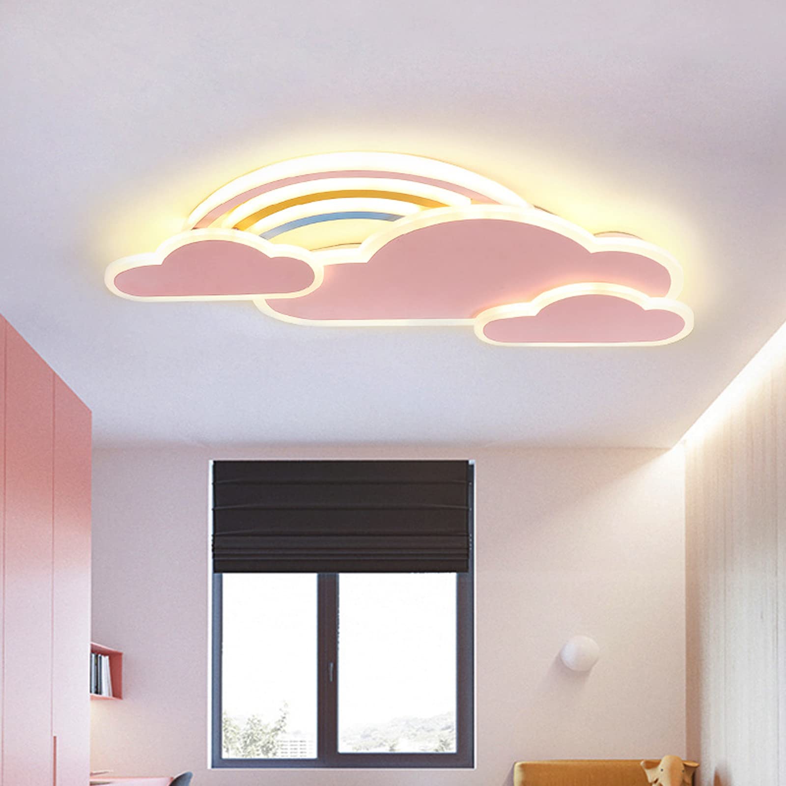 Lampada A Sospensione Per Cameretta Paco Home - Design Arcobaleno Con Nuvole E Stelle, Paralume In Tessuto Multicolore, Bianca, 45 Cm - 3
