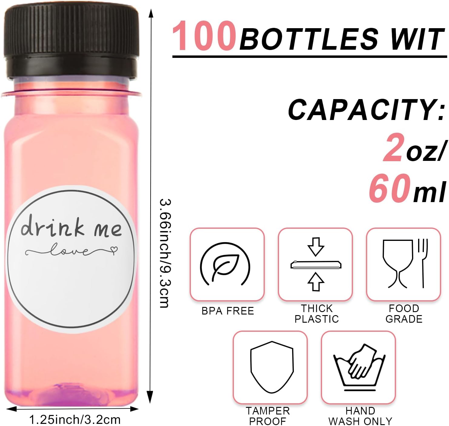 100 Pcs 2oz Plastic Bottles with Lids, Clear Plastic Bottle with Caps 2 oz for Liquids Small Reusable Ginger Shots Bottle Vial Beverage Container Leak Proof Mini Jars for Milk, Water, Ginger, Juice