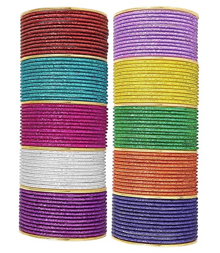 Image of NMII Stylish Multi colour Metal Bangles set for women and Girls with Zari and Cutting Design | Fancy Multicolour Bangles for women | Metal Chudi Set For Women | Women's Bangles