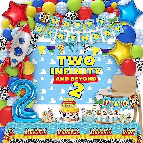 Two Infinity and Beyond Birthday Decorations - 105 Pcs Toy Inspired Story 2nd Birthday Party Supplies Include Banner, Balloons, Backdrop Film, Balloon Cake Topper, Tablecloth