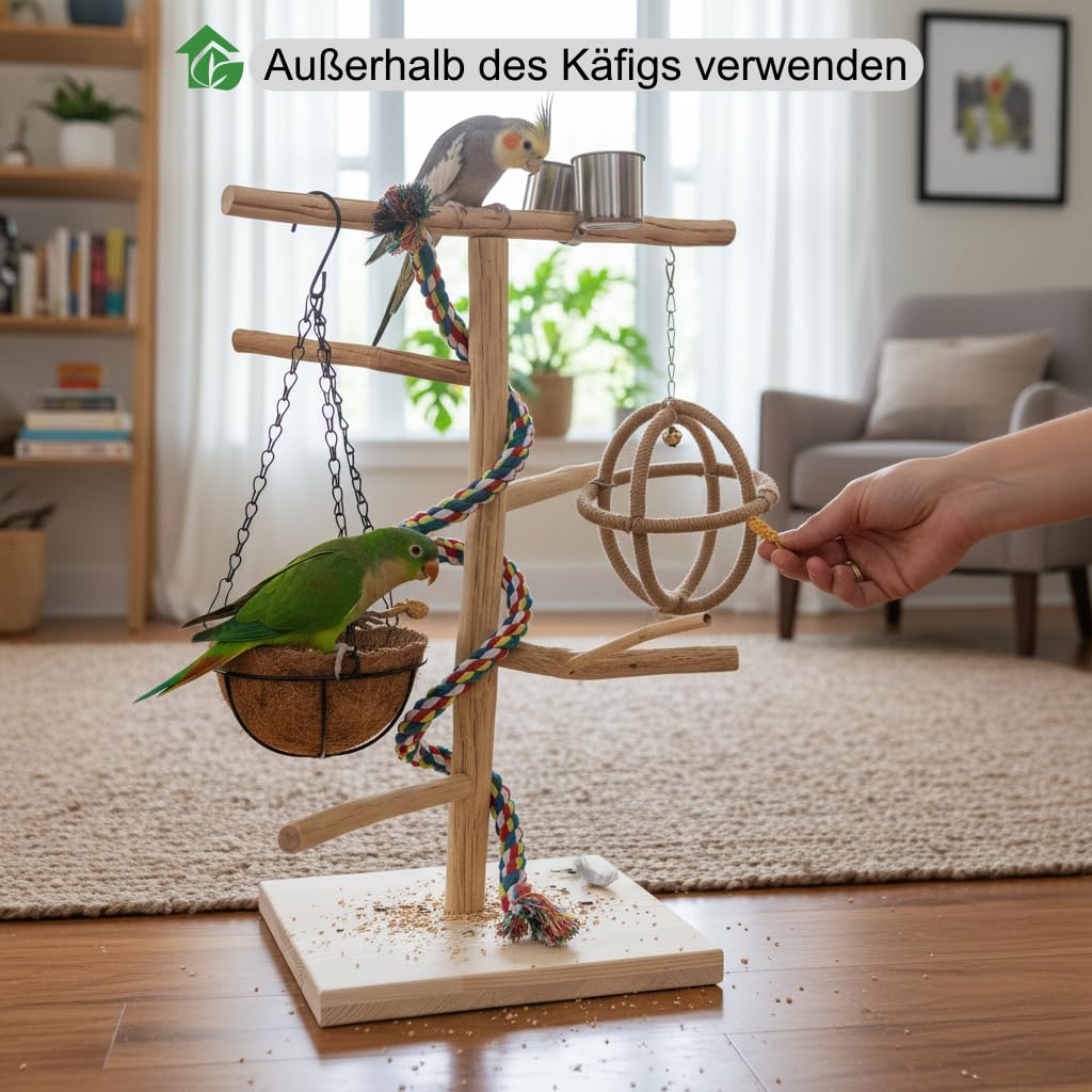 Vogel Sitzstangen, Vogelspielzeug, Naturholz-papageienständer mit Feeder-Cup, Schaukel, Nest, Papageien Vogelspielplatz und Ruhestation für mittelgroße Vögel, Nymphensittich, Mönchssittich, Großer Akt
