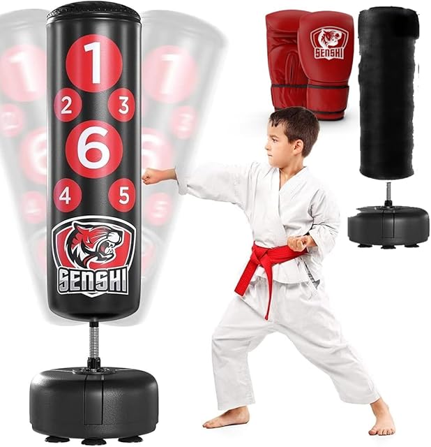 '  Children's 4ft Free Standing Punch Boxing Bag By Senshi Japan, Junior Punching Stand Alone Bag, With Gloves & Cover For Kick Boxing, Muay Thai, Karate, Tae Kwan Do & More