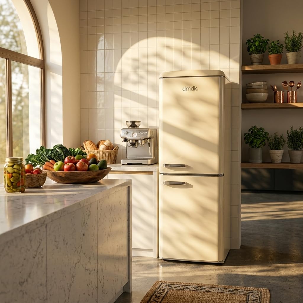 DMDK DKC3 Réfrigérateur-congélateur Combiné, 244 Litres, Crème Rétro, 181 x 55 x 57,50 cm, 39 dB