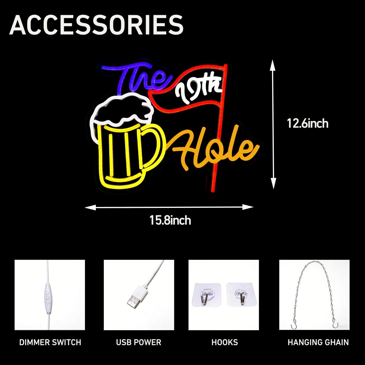 The 19 Hole Beer Neon Sign Golf LED Bar Light for Wall Decor, Dimmable Pub Light Up Sign for Man Cave Home Bar Party Beer Room Decoration, Gifts for Golf Lovers