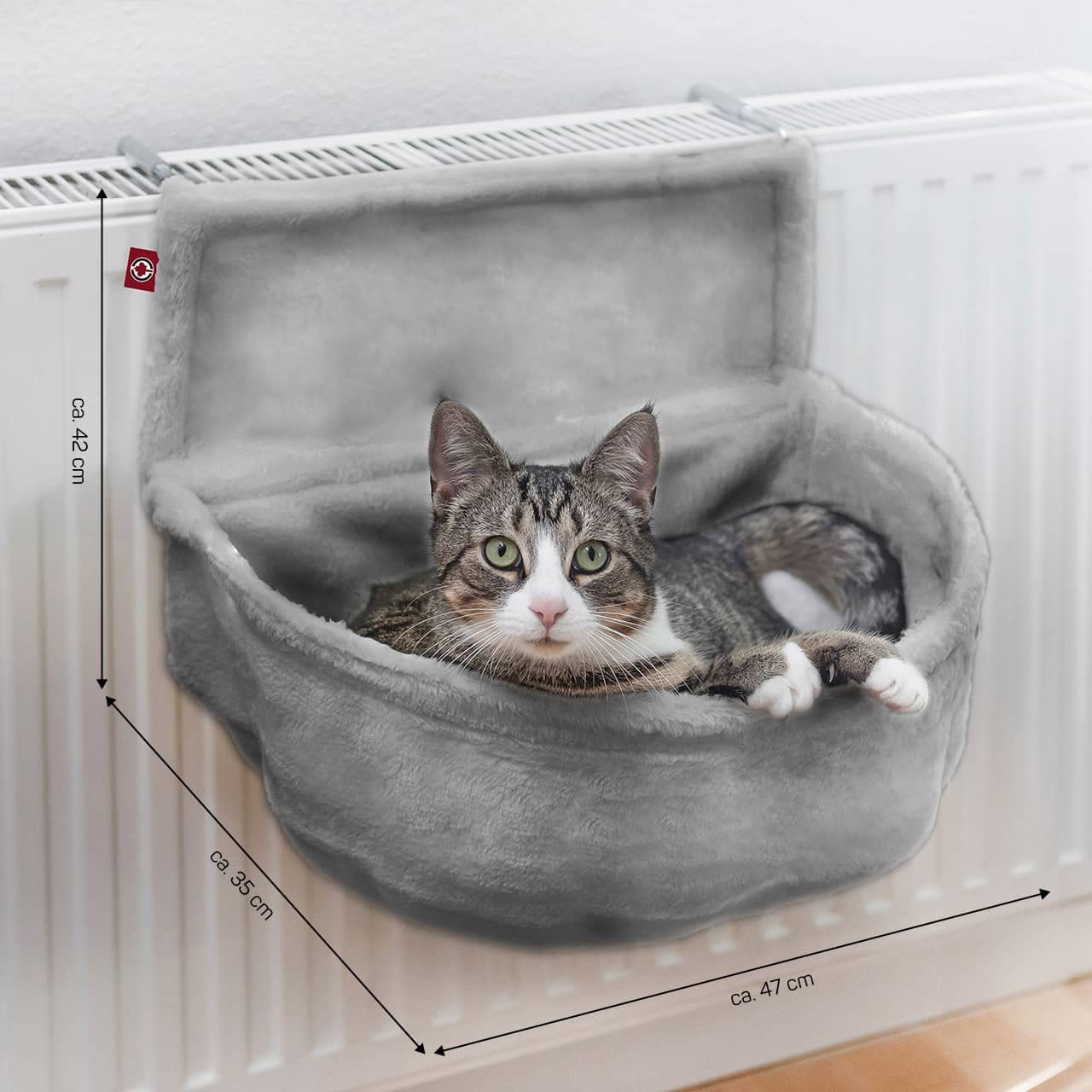 CanadianCat Company | Katzen Kuschelsack für Heizkörper | Grau | Liegemulde mit verstellbaren Bügeln