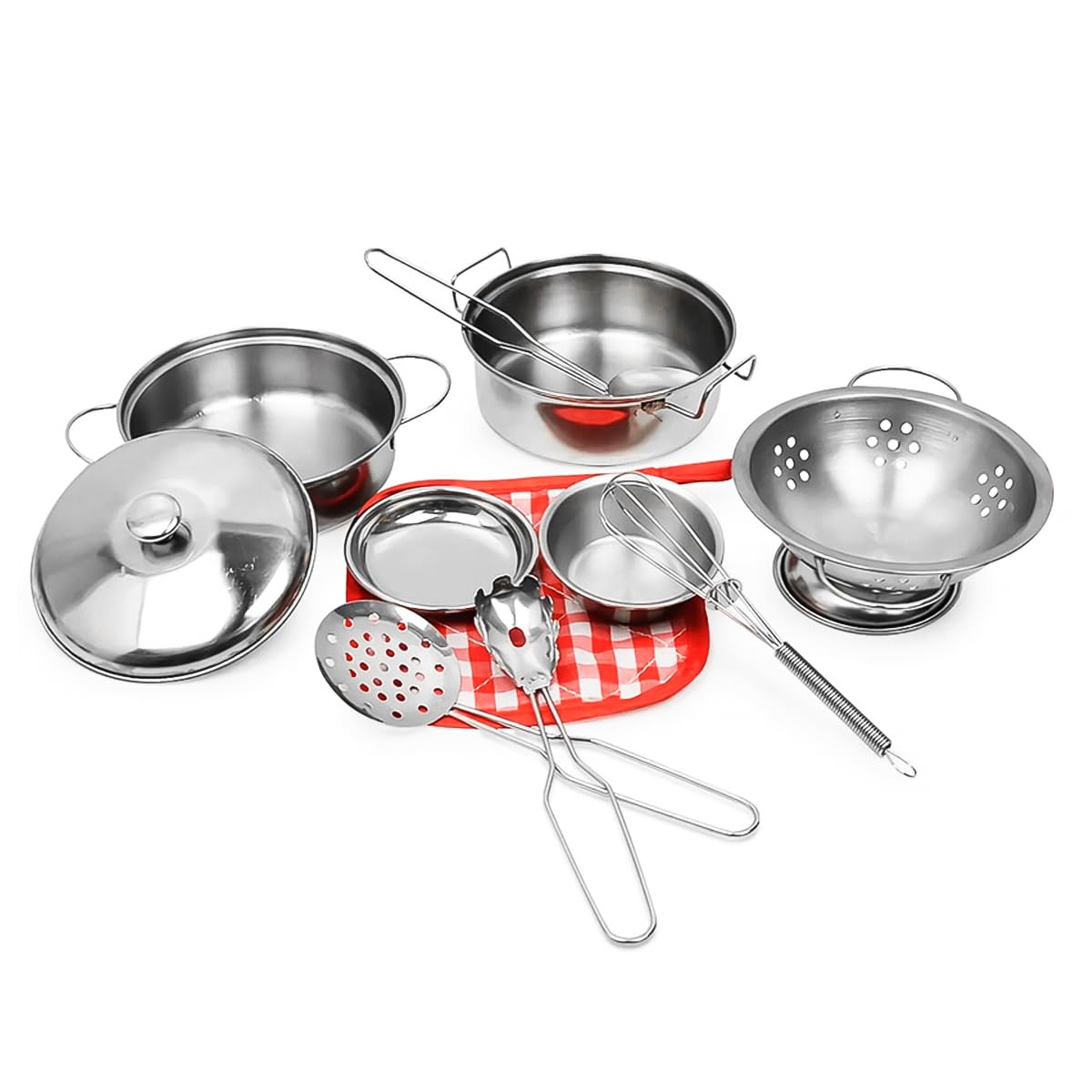 Ieron 11 PCS Pots and Pans Set with Storage Bag Stainless Steel Cooking Set with Soup Pot Pan Shovel Spoon and Chef Role Play Accessories for Kitchen Simulation
