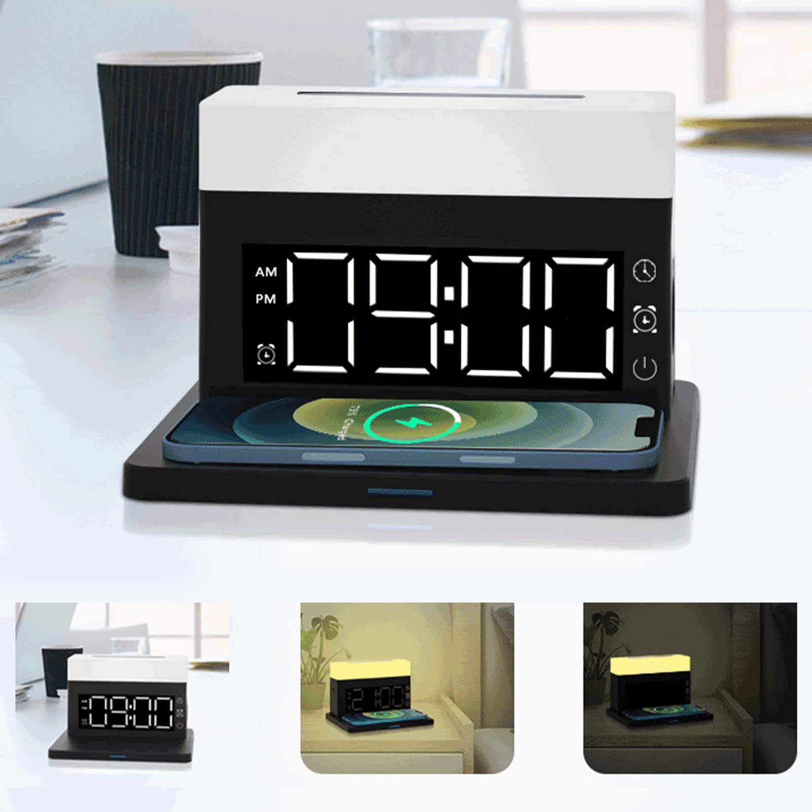 Cargador Inalámbrico Multifuncional con Brillo Ajustable y Control Táctil para el Hogar y la Oficina, Carga Rápida de 15 W para Dispositivos iOS (Negra)