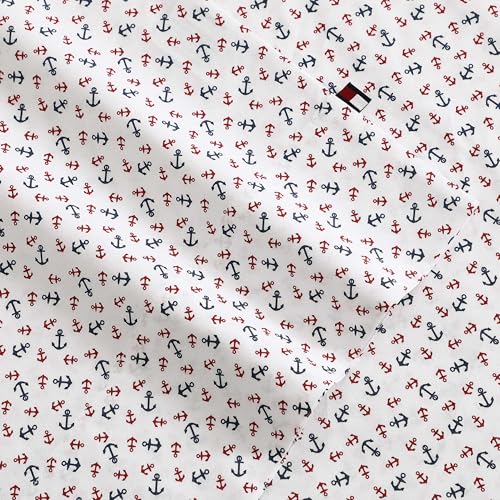 Image of Tommy Hilfiger - Full Size Sheet Set, Soft Cotton Percale Bedding with Crisp Cooling Comfort, Deep Pocket Fitted Sheet with Matching Pillowcases, Americana Decor (Atlantic Anchors Red /Blue)