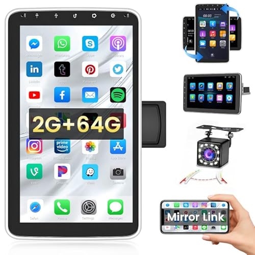Hikity 1 DIN 2+64GB, Android 15 Autoradio, 10'' Pantalla Táctil & Giratoria de 180º Bluetooth Mirror Link con GPS/WiFi/SWC/USB/FM/RDS/AUX Cámara de Visión Trasera