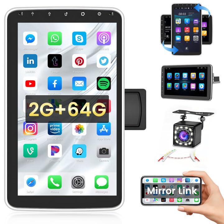 Hikity 1 DIN 2+64GB, Android 15 Autoradio, 10'' Pantalla Táctil & Giratoria de 180º Bluetooth Mirror Link con GPS/WiFi/SWC/USB/FM/RDS/AUX Cámara de Visión Trasera
