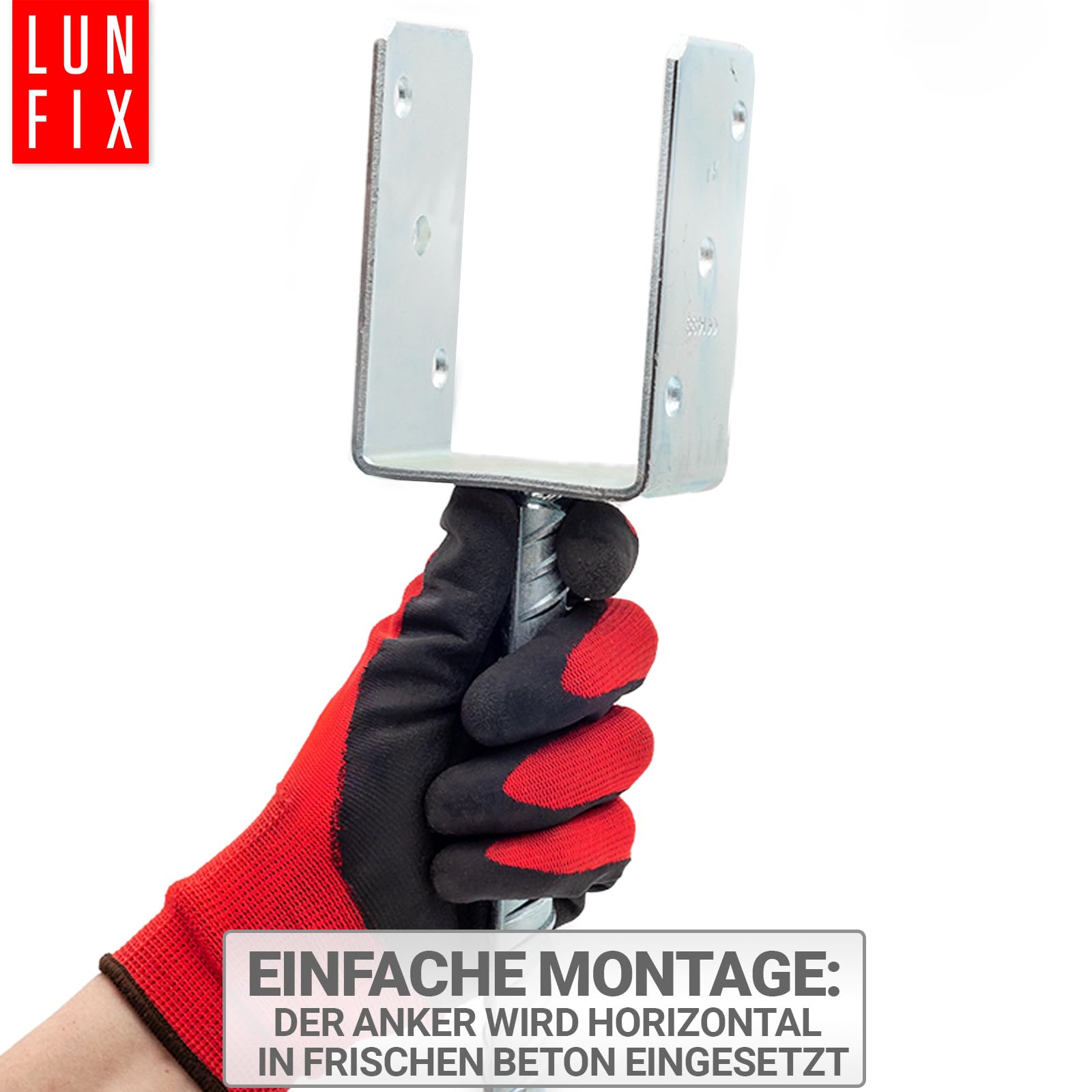 Attacco per palo da 100 mm, supporto per pali a forma di U con ancoraggio in calcestruzzo, altezza 195 mm, altezza lato U 120 mm, acciaio da 4 mm, zincato a caldo