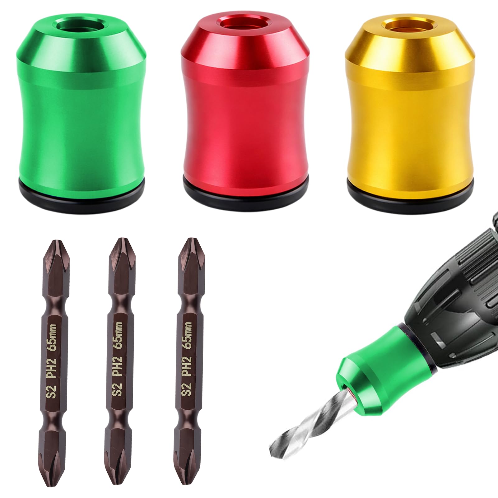Magnetic Drill Bit Holder, 3 PCS Magnetic Screw Ring Set with PH2 Impact Bits, Universal Tool for DIY Projects and Professional Repairs, Strong Screw Holder for Drills and Screwdrivers