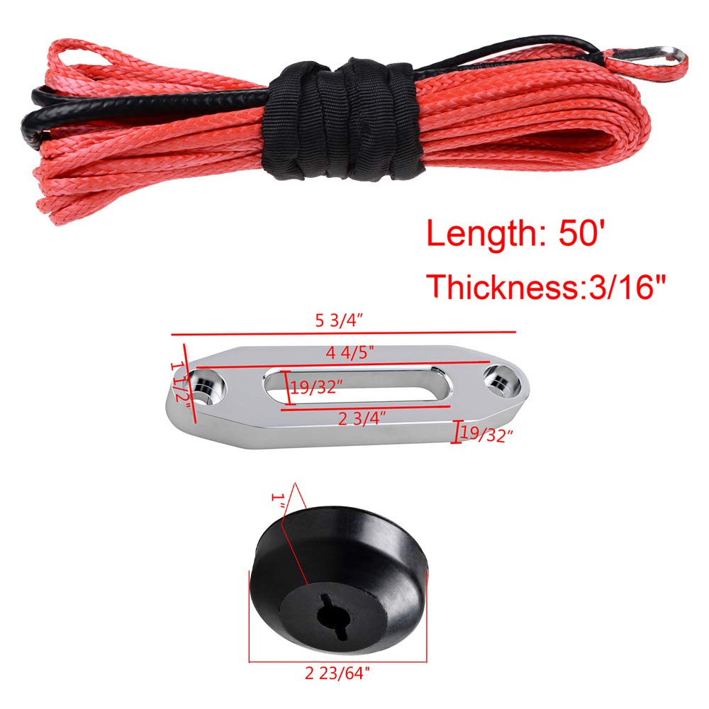 50ft 3/16 inch Synthetic Winch Rope with Matching Rubber Stopper Hawse Fairlead For Recovery Car ATV UTV Ramsey KFI