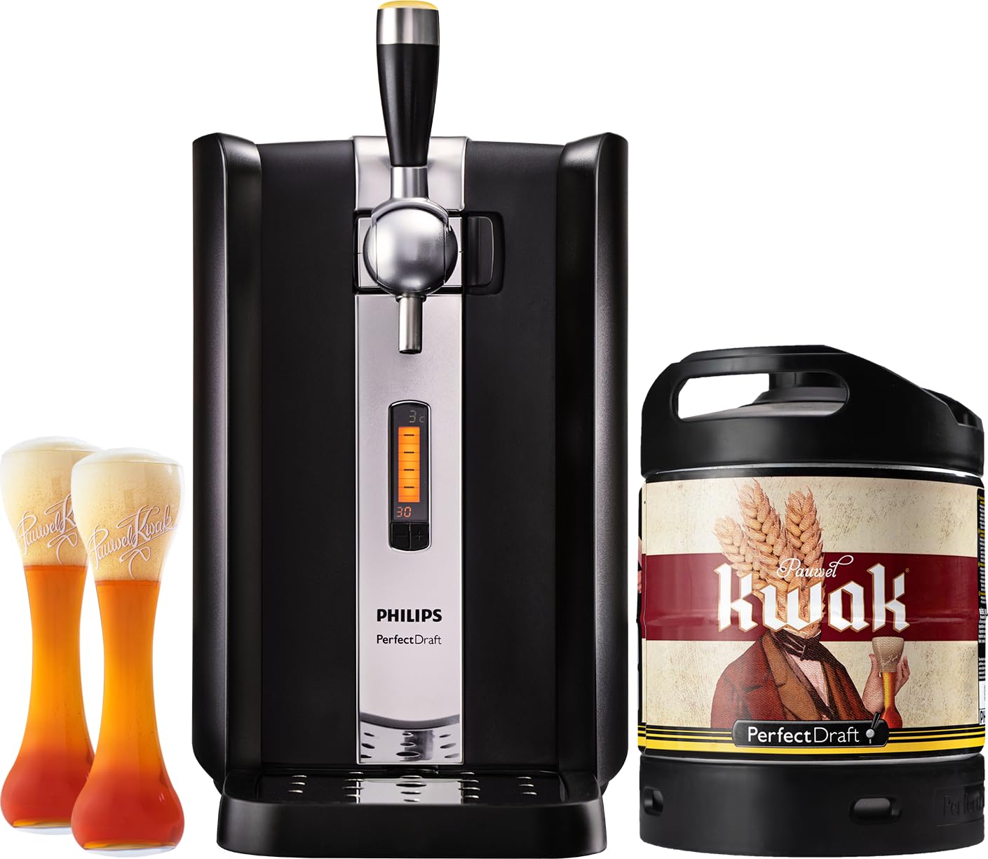Pack Tireuse à bière PerfectDraft + 1 fût de bière + 2 verres - Idée cadeau (Kwak + 2 verres Kwak Fond Plat)