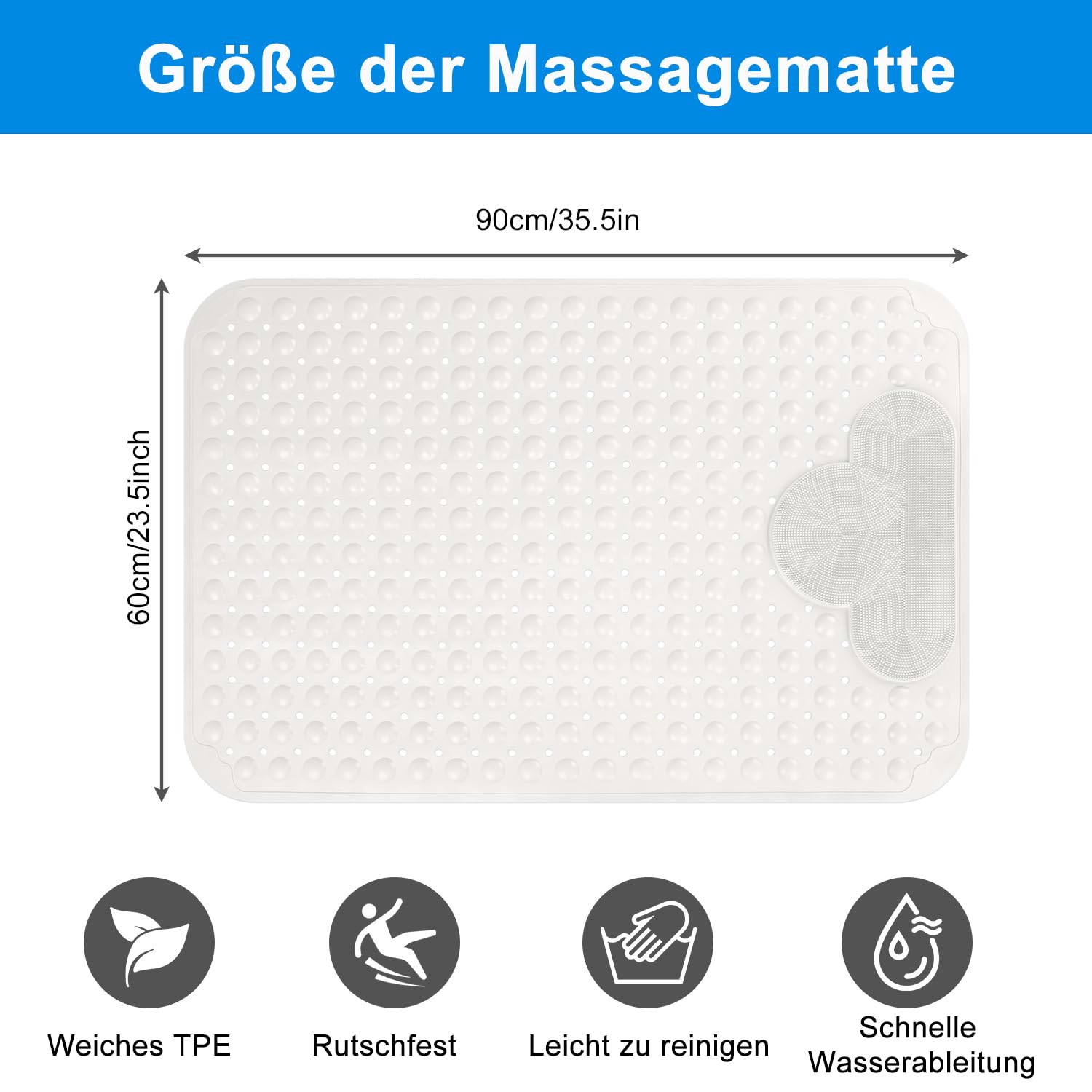 Tapis de douche antidérapant 90 x 60 cm, tapis de douche en TPE avec ventouses, grand tapis de douche antidérapant, sans BPA, blanc pur, 90 x 60 cm (rectangulaire)