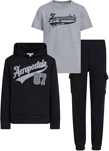 AEROPOSTALE Boys 3 Piece Outfit Set - Fleece Pullover Hoodie, Cargo Sweatpants, T-Shirt, Boys Activewear Set, Sizes 4-12