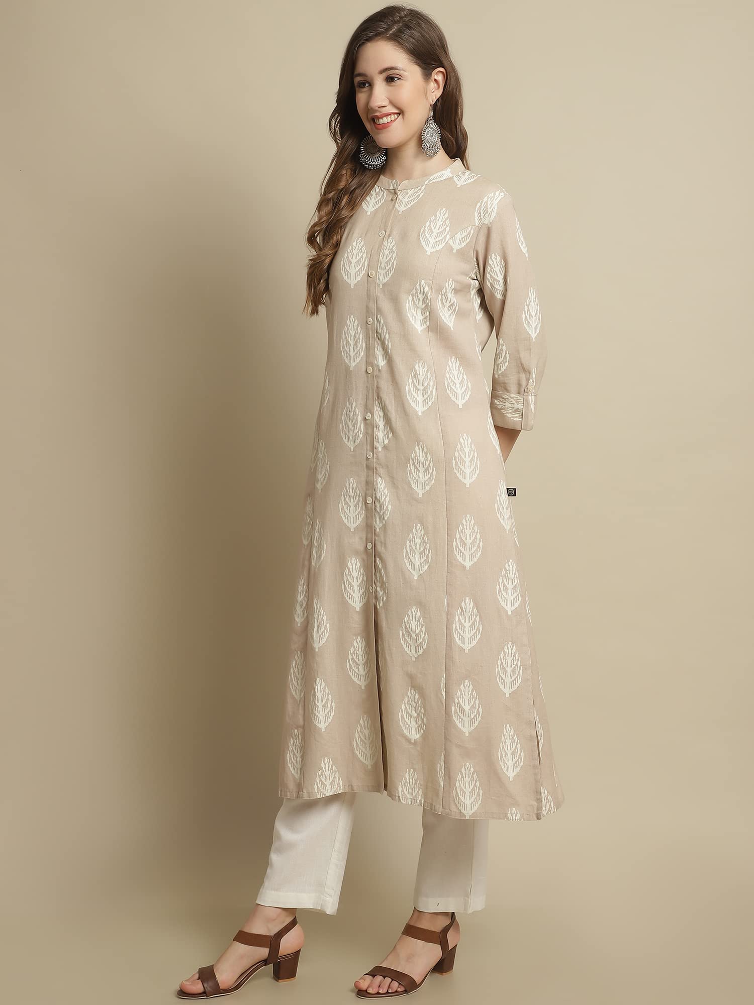 Pistaa's Women's Cotton Regular Printed Regular Fit Kurta (Large, Skin) 2