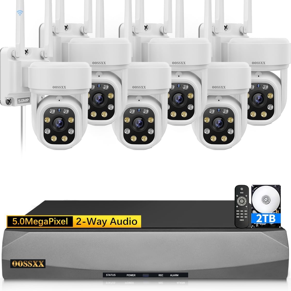 (Auto-Tracking & 2-Way Audio) WiFi PTZ Outdoor Security Camera System Pan 5MP Wireless Cameras System 10 Channel NVR Video Surveillance DVR Set 6-Cams 2TB{45 days storage}
