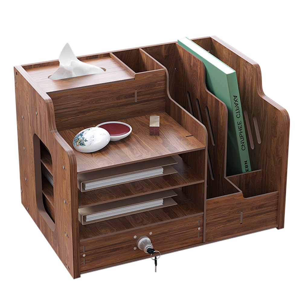 Hggzeg Organizador de escritorio de madera, organizador de escritorio de gran capacidad, organizador de archivos, organizador de documentos de papel A4, caja de almacenamiento de suministros de