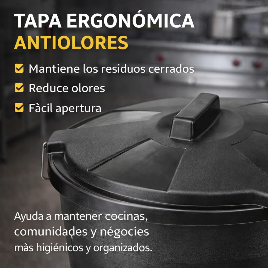 Cubo de Basura Industrial con Tapa – Contenedor Profesional Negro de 50L o 100L – Polipropileno Reciclado Resistente – Asas Metálicas Galvanizadas – para Hostelería, Cocina, Industria (50 litros)