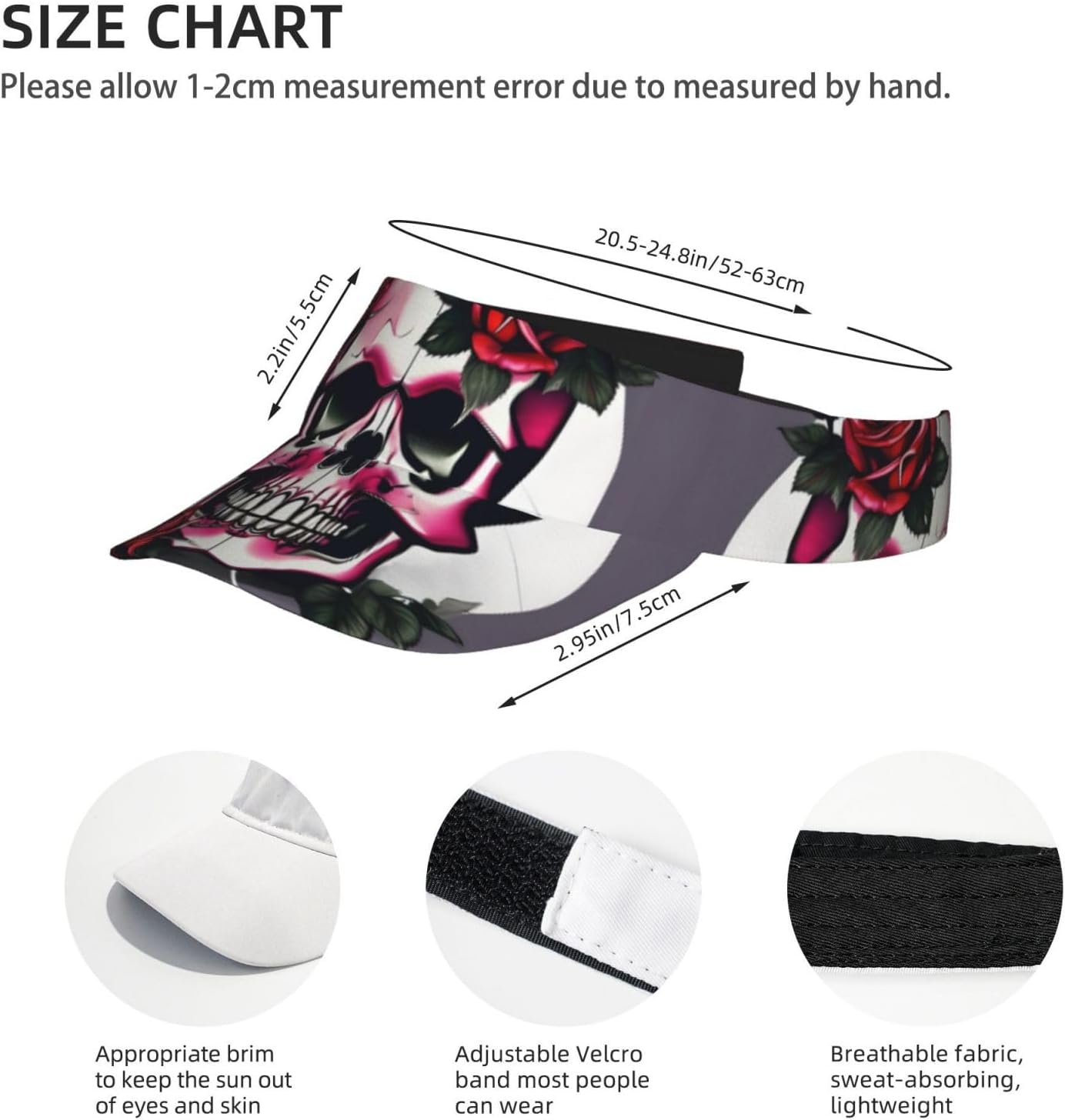Rose Skull Print Foldable Sun Visor Hat Lightweight Adjustable Sun Visor Hat Outdoor Sports Cap for Adults