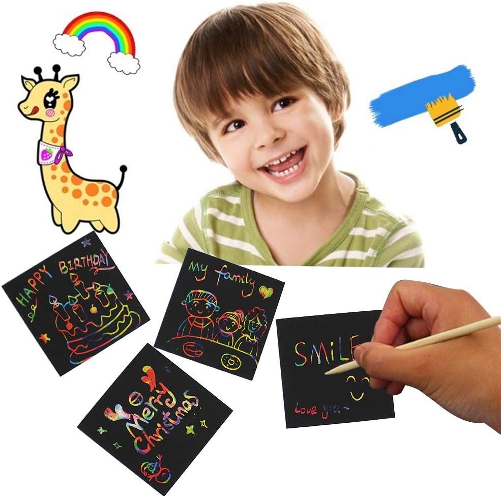 ATDAWN Rainbow Scratch Art Notes with 2 Wooden Stylus Pens, Scratch Paper, Scratch Magic Notes, Rainbow Colored Notes, 150 Sheets