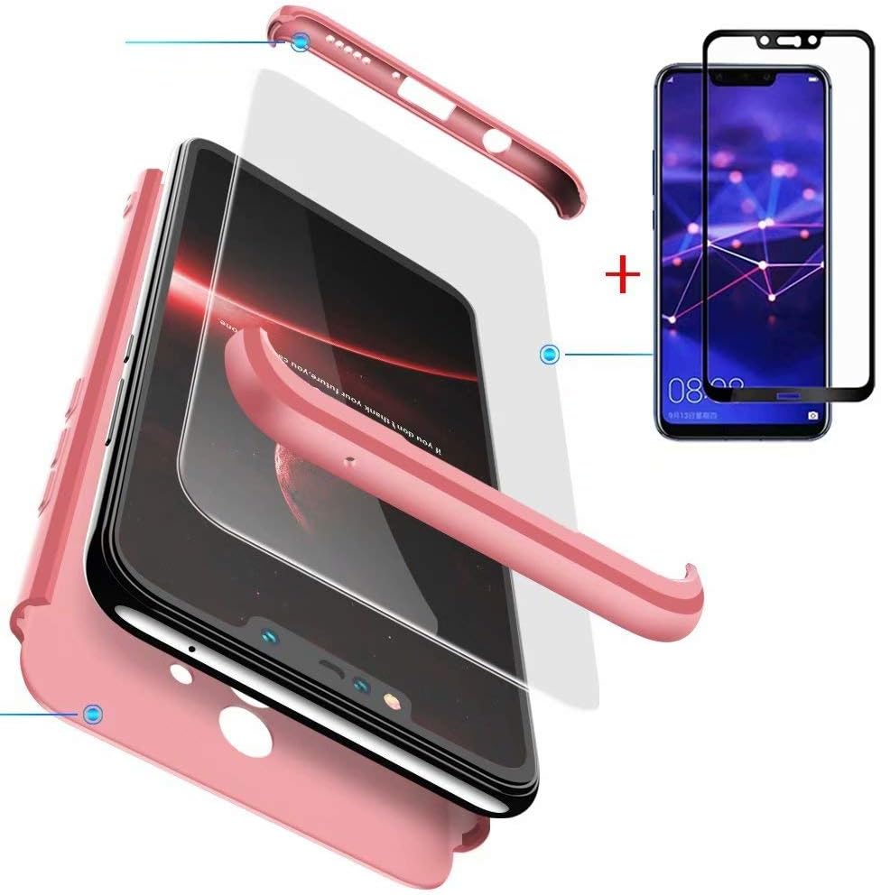 shell compatible with Huawei Mate 20 Lite Case Cover+[1 *Tempered glass film] full body 360 degree protection PC hard Shell cover dust and scratch (Rose)