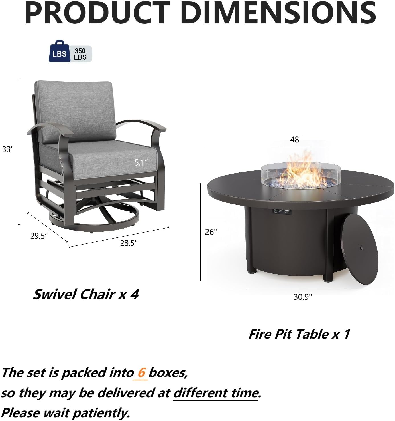 Gotland 5 Piece Patio Set, Aluminum Outdoor Swivel Chairs Set with 48’’ Round Fire Pit 5.1’’ High-Resilience Seat Cushions 29.5" Deep Seating, Metal Patio Furniture Set Patio Conversation Sets, Grey