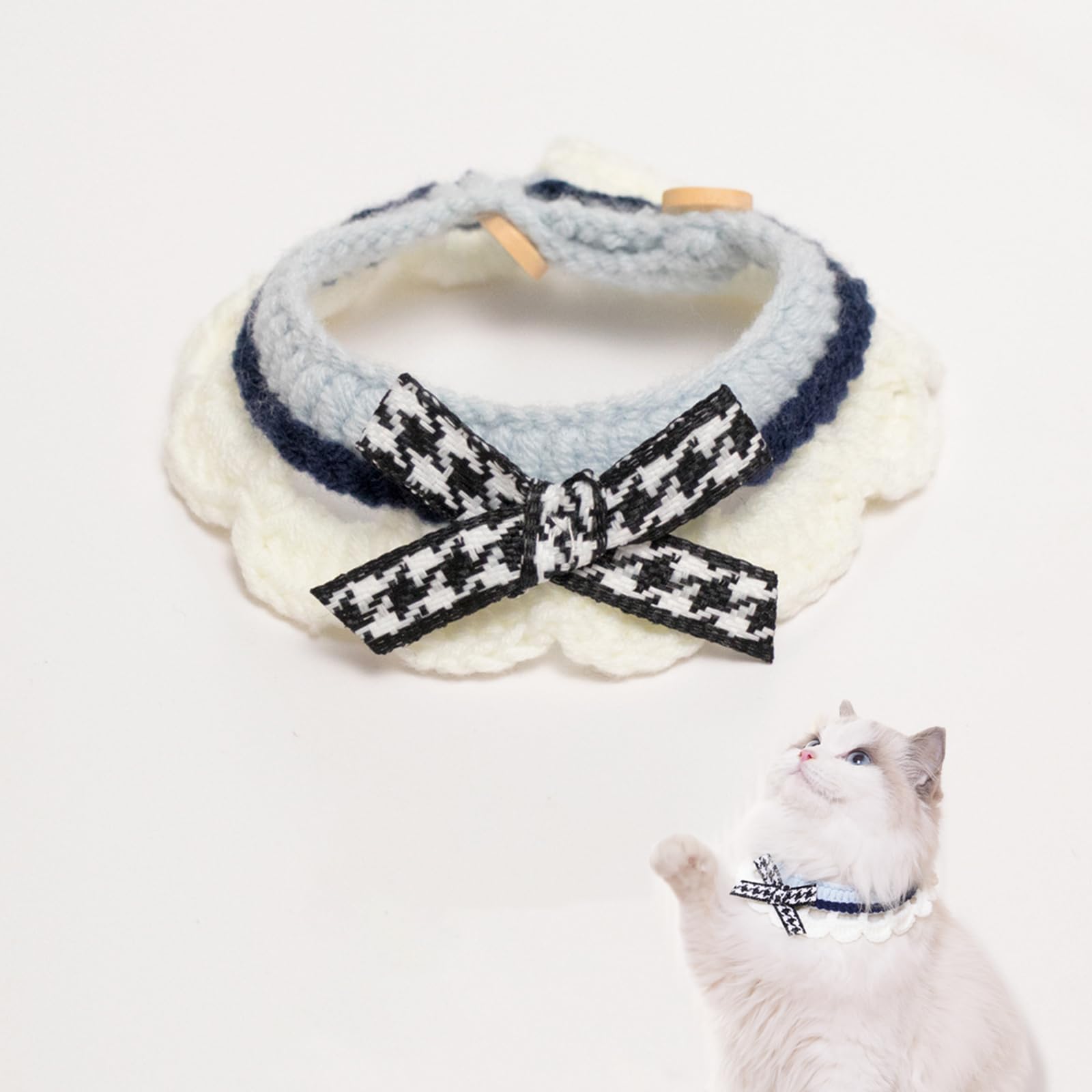 Cute Cat Collar Breakaway, Knitted Cat Collars for Girl Cats Comfortable for Kitty and Some Puppies (Bow Blue, S)