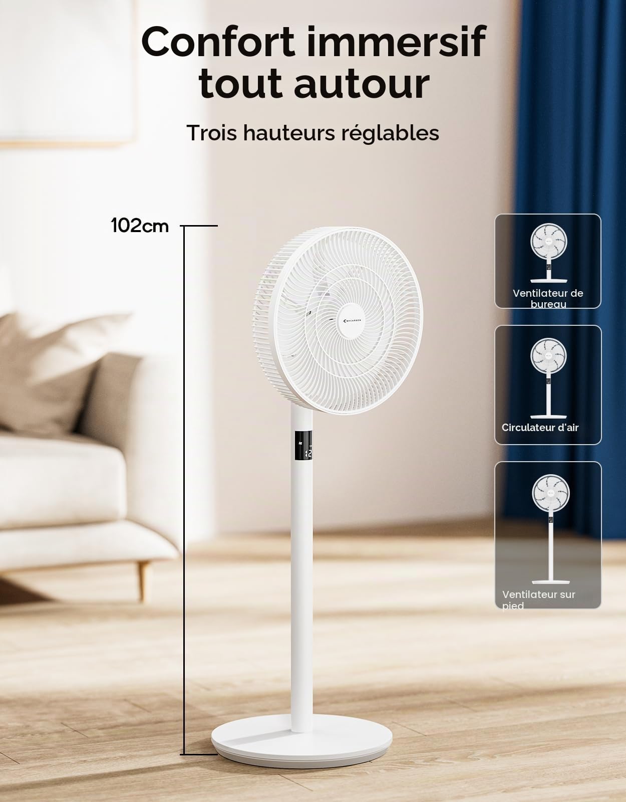 MYCARBON Ventilateur Sur Pied Silencieux avec Télécommande 20dB Moteur DC 2200m³/h 12 Vitesses 12h Timer Oscillation LED Écran Hauteur Réglable 102cm/74cm/48cm Ventilateur de Table pour Chambre