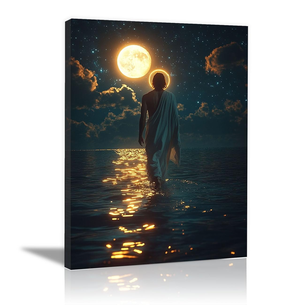 QUSAAOU Jesus Wall Abstract Christ with Animals Decor Vintage Religious Prints Painting Neutral God Poster Artwork Living Room Bedroom Hallway Home Decoration(deep blue)-70x100cm Framed