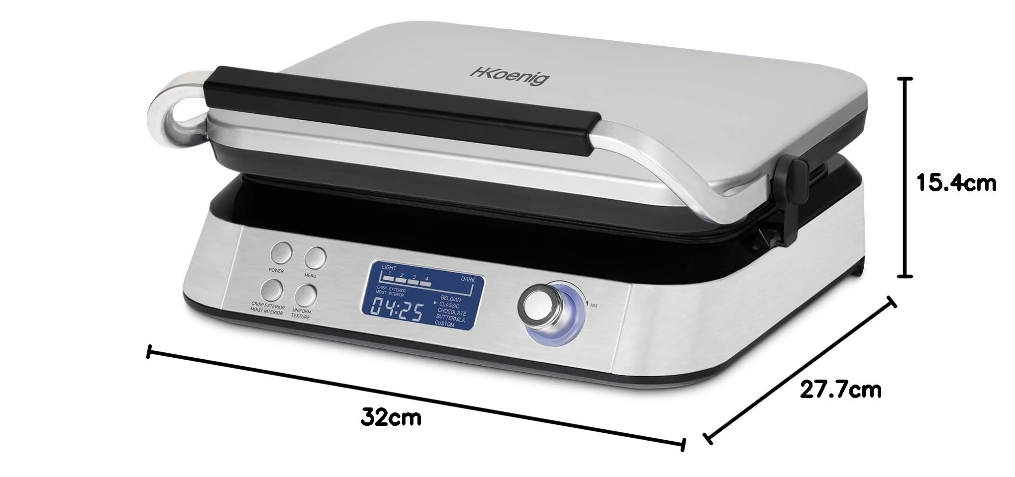 H.Koenig Waffle Maker GFX800, Waffle Maker 12x12,5 cm, rivestimento antiaderente, 5 programmi, vaschetta raccogli gocce, schermo LCD, 7 livelli di doratura, 1600 W