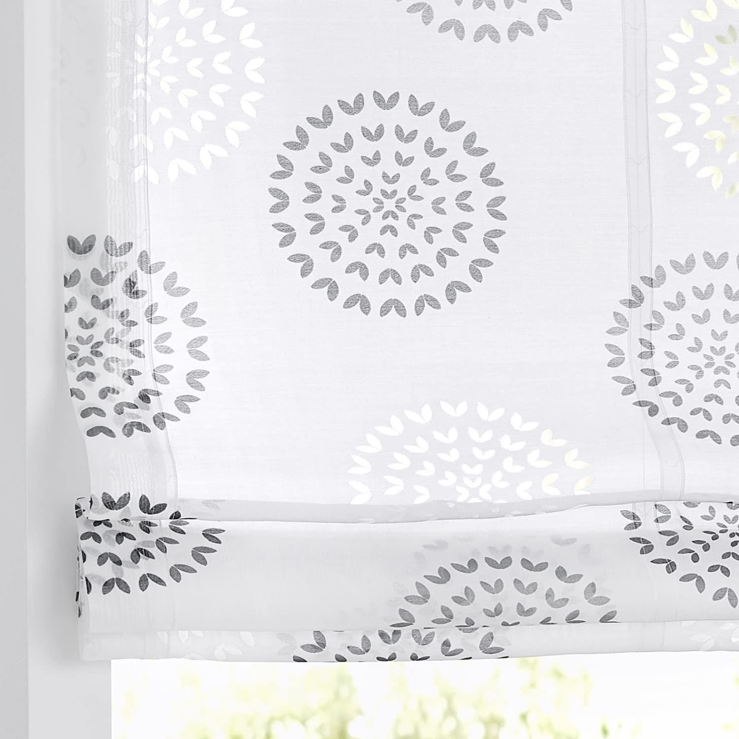 Kutti Bella Tenda a pacchetto con occhielli, design a cerchio stampato bianco e antracite, ganci per finestra inclusi 45 x 140 cm