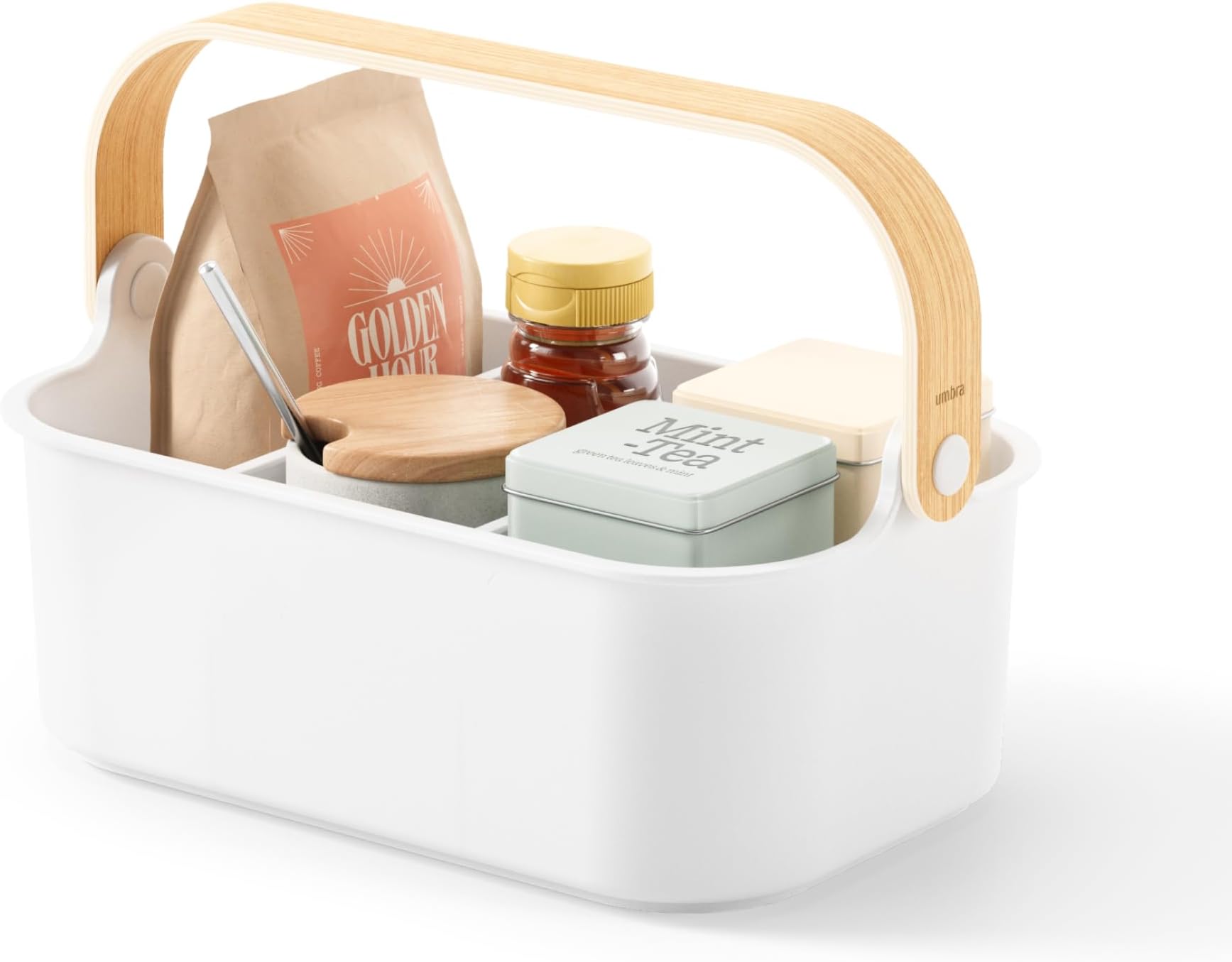 Umbra Bellwood Stackable Bin, 11" x 7" Durable Lightweight Container with Wooden Handle and Removable Dividers, White/Natural