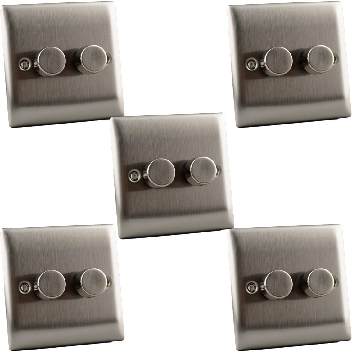 Lot de 5 variateurs d'intensité à 2 interrupteurs - Chrome brossé - Bord fin - LED 2-100 W / halogène 10-250 W - Rotatif ou Push On/Off - Plaque murale en acier inoxydable - Design plat moderne