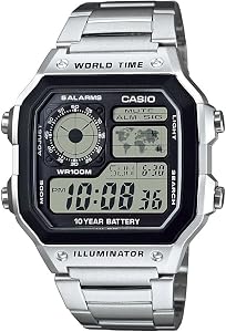 Casio AE1200WH Series | Men’s Digital Watch | 100M WR | Multi Alarms | 100 SEC Stopwatch | Countdown Timer | World Map for World Time | LED Light | LC Analog Display | 10 Year Battery