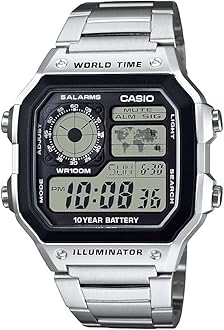 Casio AE1200WH Series | Men’s Digital Watch | 100M WR | Multi Alarms | 100 SEC Stopwatch | Countdown Timer | World Map for World Time | LED Light | LC Analog Display | 10 Year Battery