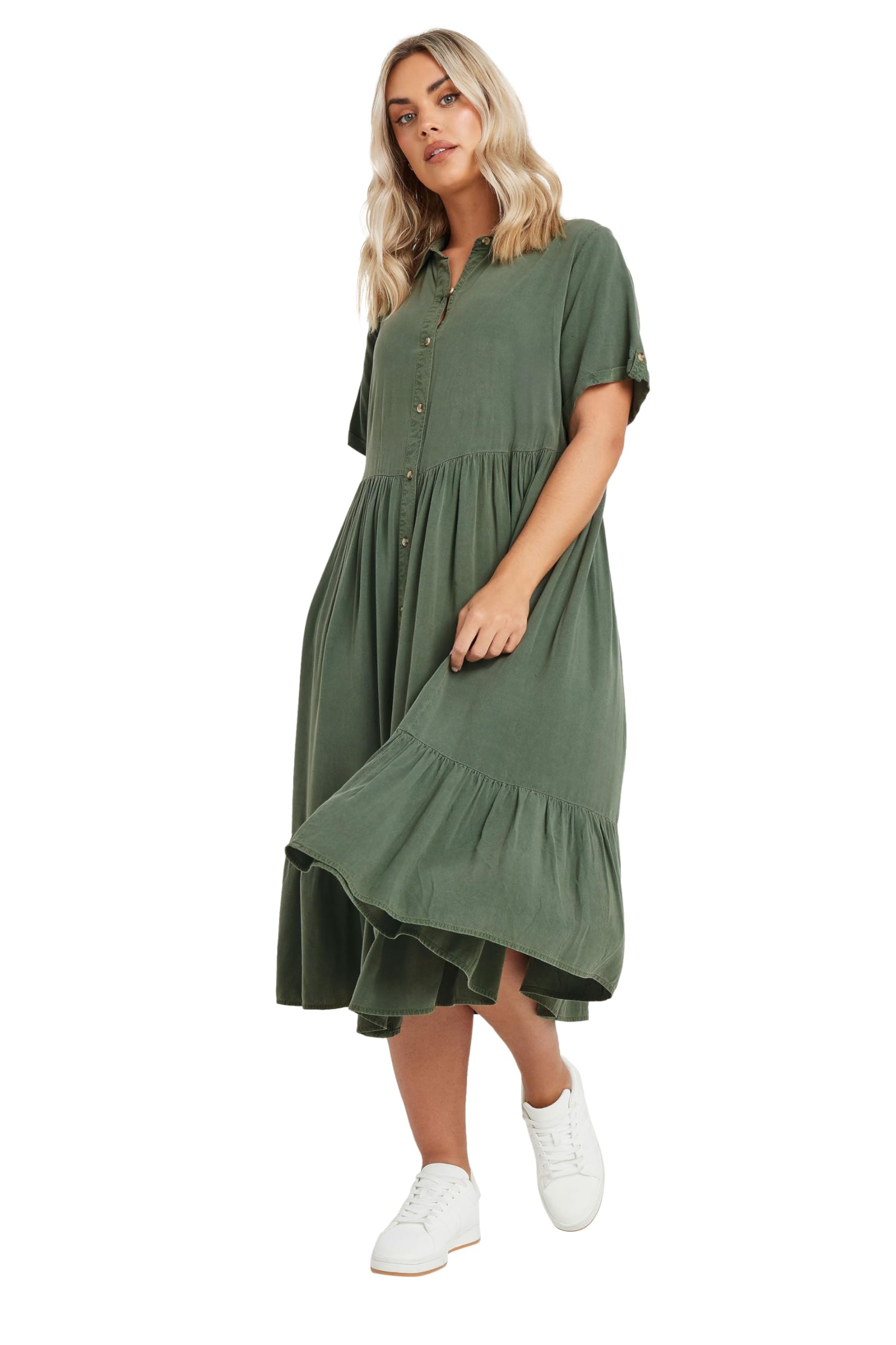 Yours Women's Khaki Curve Green Tiered Maxi Chambray Shirt Dress - Plus Size Curve