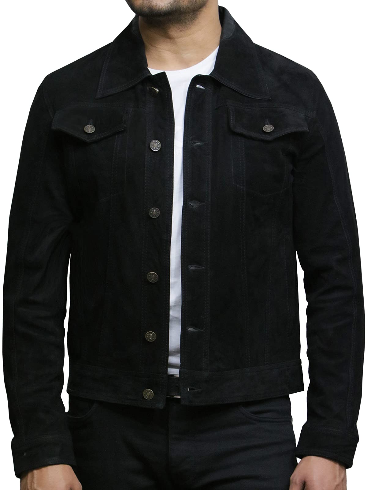 Brandslock Mens Trucker Leather Biker Jacket Genuine Goat Suede